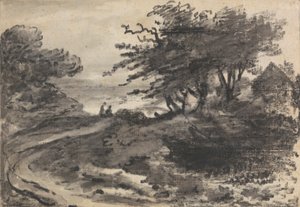 Maisema puilla ja kahdella hahmolla