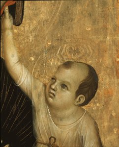 Crevole Madonna: Yksityiskohta lapsesta - tempera ja kulta paneelissa tekijältä Duccio di Buoninsegna