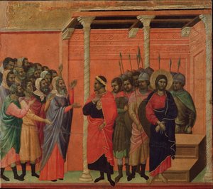 Fariseukset syyttivät Jeesusta. Maesta-alttaritaulu (tempera ja kulta puulla tekijältä Duccio di Buoninsegna