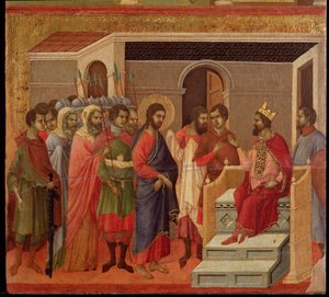 Jeesus Herodeksen edessä. Maesta-alttaritaulu (tempera ja kulta puulla tekijältä Duccio di Buoninsegna