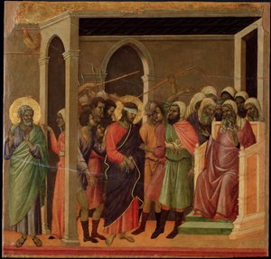 Jeesus halveksi. Maesta-alttaritaulu (tempera ja kulta puulla tekijältä Duccio di Buoninsegna