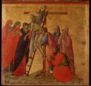 Intohimo: laskeuma. Maesta-alttaritaulu (tempera ja kulta puulla tekijältä Duccio di Buoninsegna
