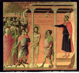 Ruoskanleikkaus, Maestan alttaritaulusta, noin 1308-11 (tempera paneelille0). tekijältä Duccio di Buoninsegna