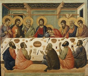 Herran ehtoollinen. Maesta-alttaritaulun takaosa tekijältä Duccio di Buoninsegna