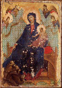 Fransiskaanien Madonna tai "" Madonnalla on lapsi fransiskaanimunkkien ja enkelien kanssa"" Detrempe puulla kirjoittanut Duccio di Buoninsegna (1255-1318/9) 1300 Dim. 23,5x16 cm Siena, Pinacoteca nazionale tekijältä Duccio di Buoninsegna