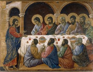 Kristuksen kärsimys - alttaritaulun takaosa. Öljy paneelissa tekijältä Duccio di Buoninsegna