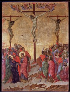 Ristiinnaulitseminen. Sivuilla hyvä varas (Dismas) ja katumaton varas (Gestas). Maesta-alttaritaulu (tempera ja kulta puulla tekijältä Duccio di Buoninsegna