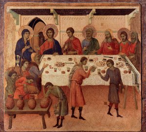 Häät Canassa. Alttaritaulun takaosa (tempera ja kulta puulla tekijältä Duccio di Buoninsegna