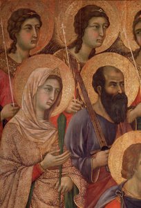 Neitsyt ja lapsi valtaistuimella, yksityiskohta pyhä Katariina Aleksandrialainen ja pyhä Paavali. (La Maesta) (tempera ja kulta puulla tekijältä Duccio di Buoninsegna