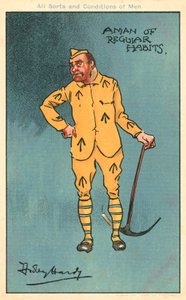 Rikos ja rangaistus: vanki pitelee hakkua (chromolitho) tekijältä Dudley Hardy