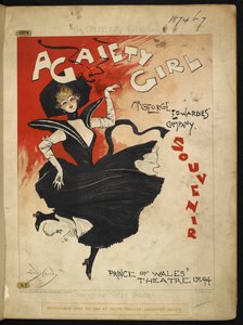 Etukannessa mainostaa esitettävää musikaalia "A Gaiety Girl". tekijältä Dudley Hardy