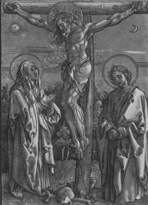 Kristus ristillä Neitsyen ja Pyhän Johanneksen kanssa, 1500-1550. tekijältä Dürer School.