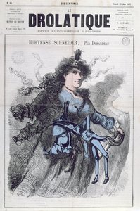 Hortense Schneiderin (1833-1920) karikatyyri "Le Drolatique" -lehden etukannessa, 22. kesäkuuta 1867 tekijältä Durandeau