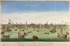 Yleisnäkymä Amsterdamin satamasta ja kaupungista, kaiverrus DG. Hucquier, 1500-luku tekijältä Dutch School