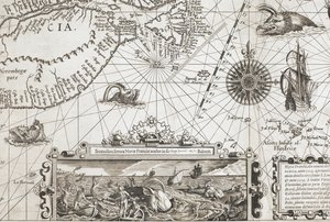 Yksityiskohta kahdesta vanhanaikaisesta valasta muistuttavasta merihirviöstä ja upote, jossa on todenmukaisempia valaita, teoksesta "Nova Francia, alio nomine dicta Terranova, anno 1504..." tekijältä Dutch School