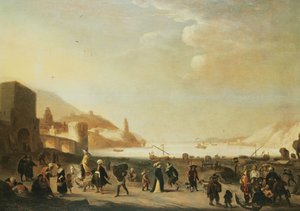Satama katukauppiaiden ja talonpoikien etualalla (paneeli) tekijältä Dutch School