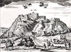 Bietala, Lama Suuren linnoitus, Lhassan kuningaskunta,kuva Athanasius Kircherin (1602-80) teoksesta "La Chine illustree" Amsterdam, 1670 (kaiverrus) (bw kuva) tekijältä Dutch School