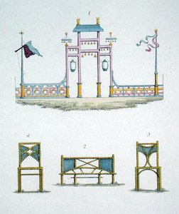 Kiinalainen portti ja puutarhaistuimet, G. van Laarin "Magazine of Garden Gems", julkaistu 1802 (värilitho) tekijältä Dutch School