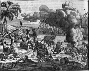 Kolonisaatio: hollantilaiset laivastot jahtaavat portugalilaisia Ceylonista (nykyinen Sri Lanka tai Srilanka) vuonna 1658. Hollannin printti Philippus Baldaeuksen (tai Balden) kirjasta "Afgoderye de oost-indische heydenen" (Itä-Intian maiden kuvaus) (1632) tekijältä Dutch School