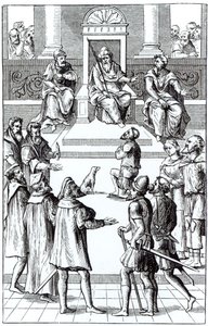 Oikaisutunnustus tuomioistuimessa Joos de Damhouderin (1507-81) Antwerpenissä vuonna 1556 julkaistun Praxis Rerum Criminaliumin puupiirroksen jälkeen tekijältä Dutch School