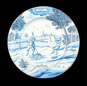 Delftware-levy, joka kuvaa heinäkuuta (tinalasitettu keramiikka) tekijältä Dutch School