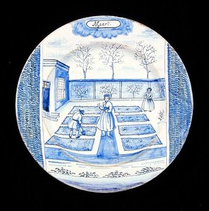 Delftware-lautanen, joka kuvaa maaliskuuta (tinalasitettu keramiikka) tekijältä Dutch School