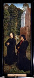 ""Kaksi lahjoittajaa, suutarien killan jäseniä"" Maalaus puulle 1400-luvun hollantilaisen koulun (Saint Crispinin mestari) 1500-luvun alun Pushkin-museo, Moskova tekijältä Dutch School