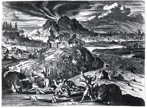Maanjäristys Edossa (Tokio) vuonna 1659, esimerkki Arnold Montanuksen kertomuksesta Hollannin Itä-Intian yhtiön Japanin keisarille lähettämistä suurlähetystöistä, julkaistu Amsterdamissa 1669 ( tekijältä Dutch School