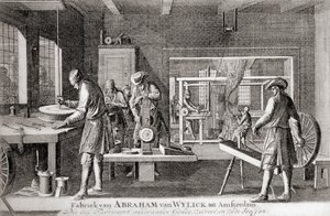 Abraham van Wylickin tehdas, Amsterdamin silkkiteollisuus, teoksesta "Geschiedenis van Nederland", julkaisu 1936 (litografia). tekijältä Dutch School