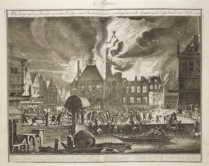 Tuli vanhassa Amsterdamin kaupungintalossa, 17. heinäkuuta 1652, kirjasta Palontorjunta Hollannissa, julkaistu noin 1700 tekijältä Dutch School