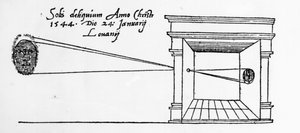 Ensimmäinen julkaistu kuva camera obscurasta, joka tarkkailee auringonpimennystä tammikuussa 1544 tekijältä Dutch School
