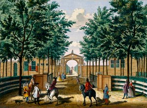 Francois van Haringkaspelin huvipalatsin puutarhat Hendrick de Lethin ja Matthias Brouerius Van Nidekin Het Zeganpralent Kennemerlantista, julkaistu n. 1700-1730 tekijältä Dutch School