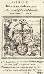 Kuolemattoman työn kunnia voitti, Adrianus Juniuksen kuvitus Emblematasta, julkaisija Christophe Plantin, Anvers, 1565 tekijältä Dutch School