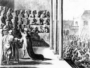 Herodes Suuri syyttää poikiaan Aleksanteria ja Aristobulusta maanpetoksesta. noin 1700 tekijältä Dutch School