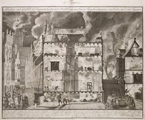 Kuva, joka näyttää kuinka uudet pitkät paloletkut voivat ulottua kaikkiin rakennuksen osiin, kirjasta Palontorjunta Hollannissa, julkaistu n. 1700 tekijältä Dutch School