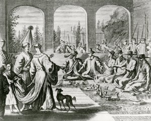Jesuiitat hollantilaisten ja portugalilaisten kauppiaiden kanssa japanilaisessa hovissa, n. 1670 (kaiverrus) tekijältä Dutch School
