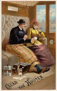 Mies tarjoaa suklaata naiselle junassa (chromolitho) tekijältä Dutch School