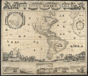 Amerikan kartta, Nova totius Americae -pöytä, [näkymillä] Panama, Caput S. Augustini, Uusi Amsterdam, S. Vapahtaja, nimi D. Jumala. Piirtänyt J. Mathysz tekijältä Dutch School
