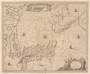 Japanin kartta, uusi ja tarkka kuvaus Japanista, Esonin maasta ja viereisistä saarista Snowy Discoverysta tekijältä Dutch School