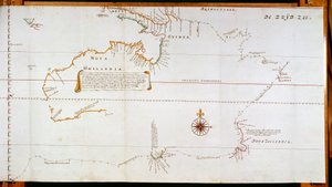 Kartta New Hollandista, nykyisestä Australiasta, ja Uudesta-Seelannista, joka on tehty Abel Janszoon Tasmanin (1603-1659) ja Willem Janszoonin (1570-1630) matkojen aikana keräämistä tiedoista