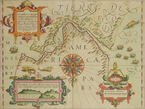 Patagonian Magellanin salmen kartta Mercator Atlas -pubista. Jodocus Hondius (1563-1612) Amsterdam, 1606