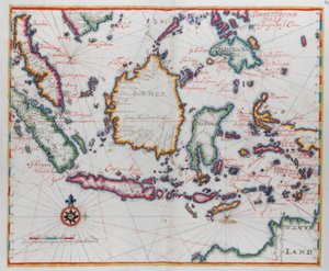 Kartta, jossa näkyy Borneo, Clebes (Sulawesi), Jaava ja muut Indonesian saaret. tekijältä Dutch School