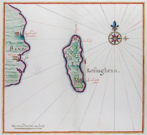 Kartta, jossa näkyy pieni osa Banda Besarista (Lonthoir) ja Hattasta (Rosengain.) Bnda-saaret, osa Indonesian Malukun maakuntaa. tekijältä Dutch School