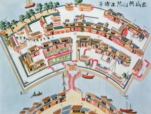 Nangasakin Desiman saarella sijaitsevan hollantilaisen tehtaan suunnitelma Isaac Titsinghin (n. 1740-1812) Japanin kuvituksista, julkaistu Lontoossa, 1822 tekijältä Dutch School