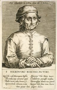 Hieronymus Boschin (n. 1450-1516) muotokuva, levy 3 taiteilijoiden muotokuvien sarjassa, kaiverrettu Theodor Galle (1571-1633) tekijältä Dutch School