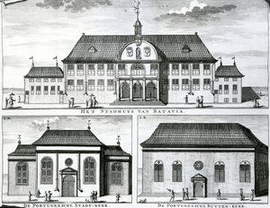 Portugalilainen kirkko ja kaupungintalo Bataviassa, 1800-luku, tekijältä Dutch School