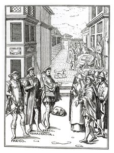 Town Crierin myynti Joos de Damhouderin (1507-81) Antwerpenissä vuonna 1557 julkaistun Praxis Rerum Civiliumin puupiirroksen jälkeen tekijältä Dutch School
