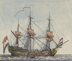 Hollantilaisen Itä-Intian yhtiön laiva (värillinen kaiverrus) tekijältä Dutch School