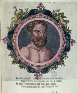 Thales of Miletos (n. 625-547 eKr.), Johannes Sambucuksen (1531-1584) kuvitus antiikin ja viimeaikaisen fysiikan ja filosofien ikoneista, julkaissut Plantin Antwerpenissä 1574 (värikaiverrus) tekijältä Dutch School