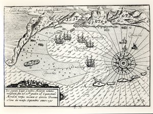 Vara-amiraali Wybrandt Van Warwijckin laivaston saapuminen Mauritiuksen kaakkoissatamaan syyskuussa 1598 tekijältä Dutch School